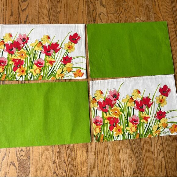 Vintage Vera Neumann Daffodil Floral Placemats Set of 4 Reversible Solid Green - Picture 2 of 7